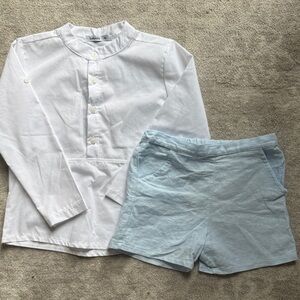 Boys White Button-Up Shirt and Light Blue Shorts Set